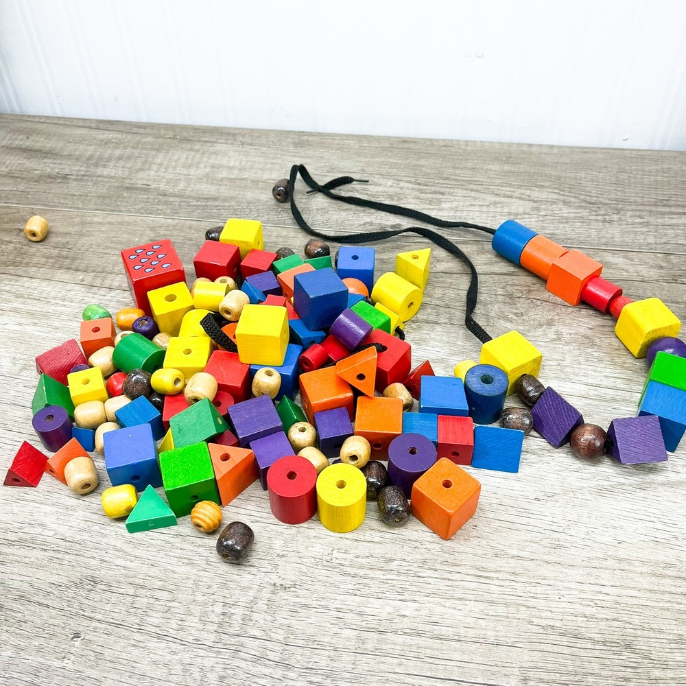 Montessori Wooden Lacing Beads Set Geometric Shapes Sorting Threading Toy Lot